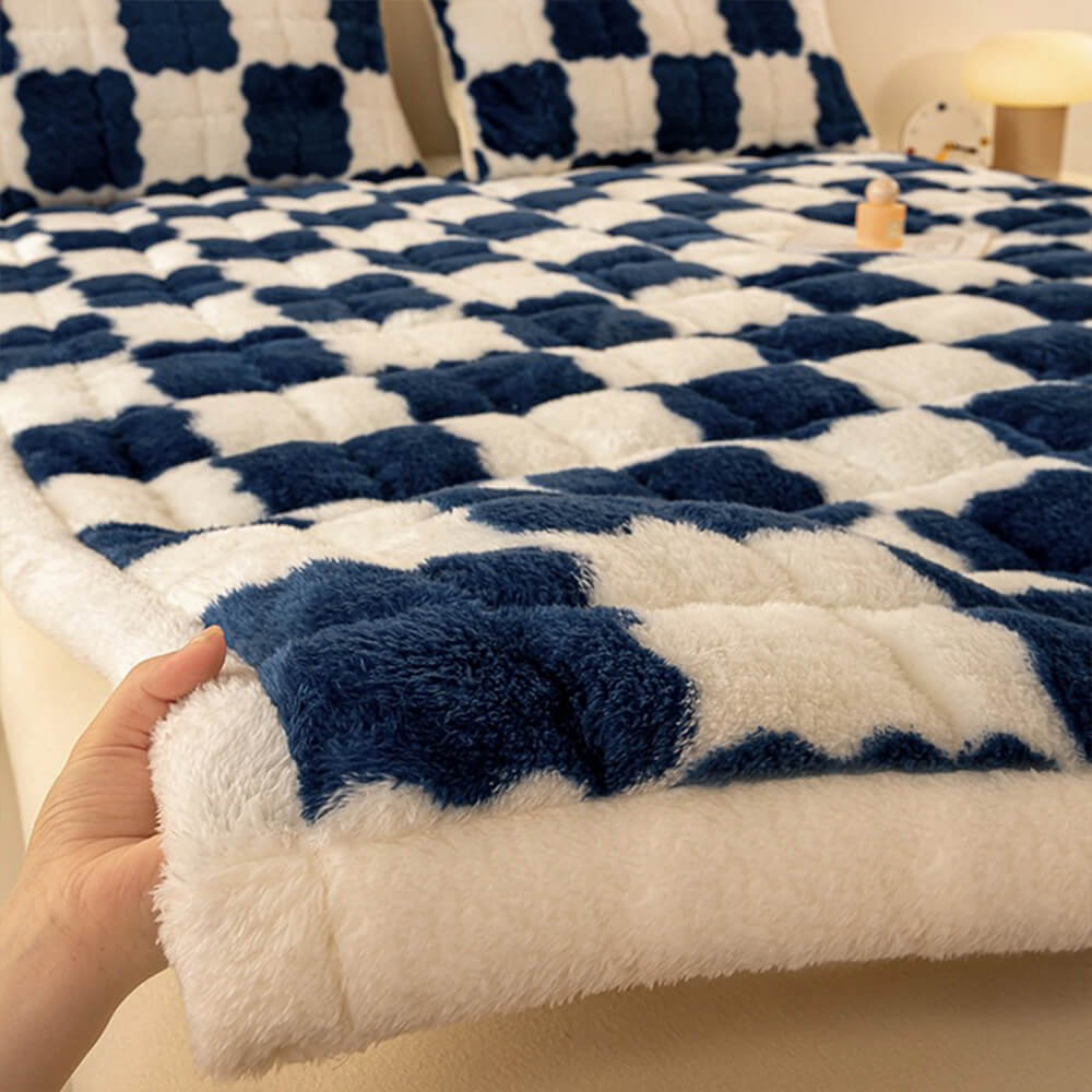 Couverture de matelas en peluche à motifs carreaux et taie d'oreiller
