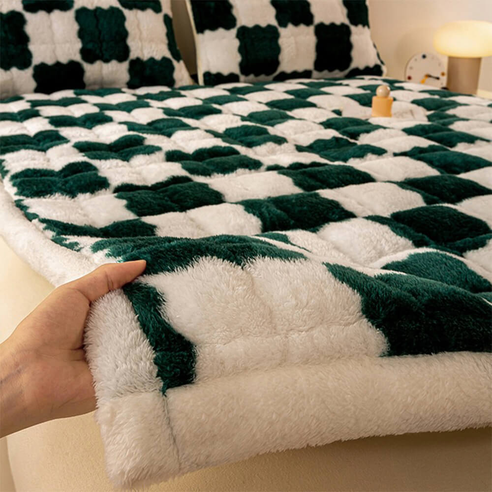 Couverture de matelas en peluche à motifs carreaux et taie d'oreiller
