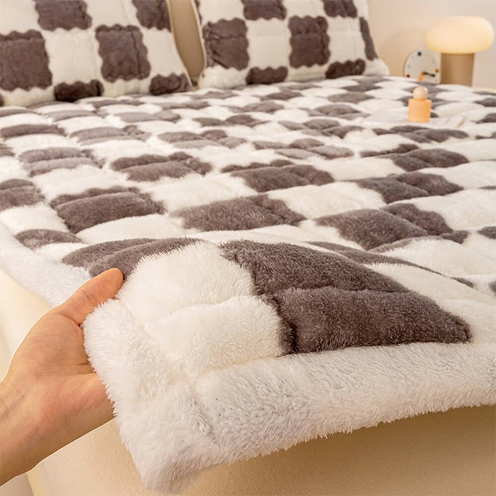 Couverture de matelas en peluche à motifs carreaux et taie d'oreiller