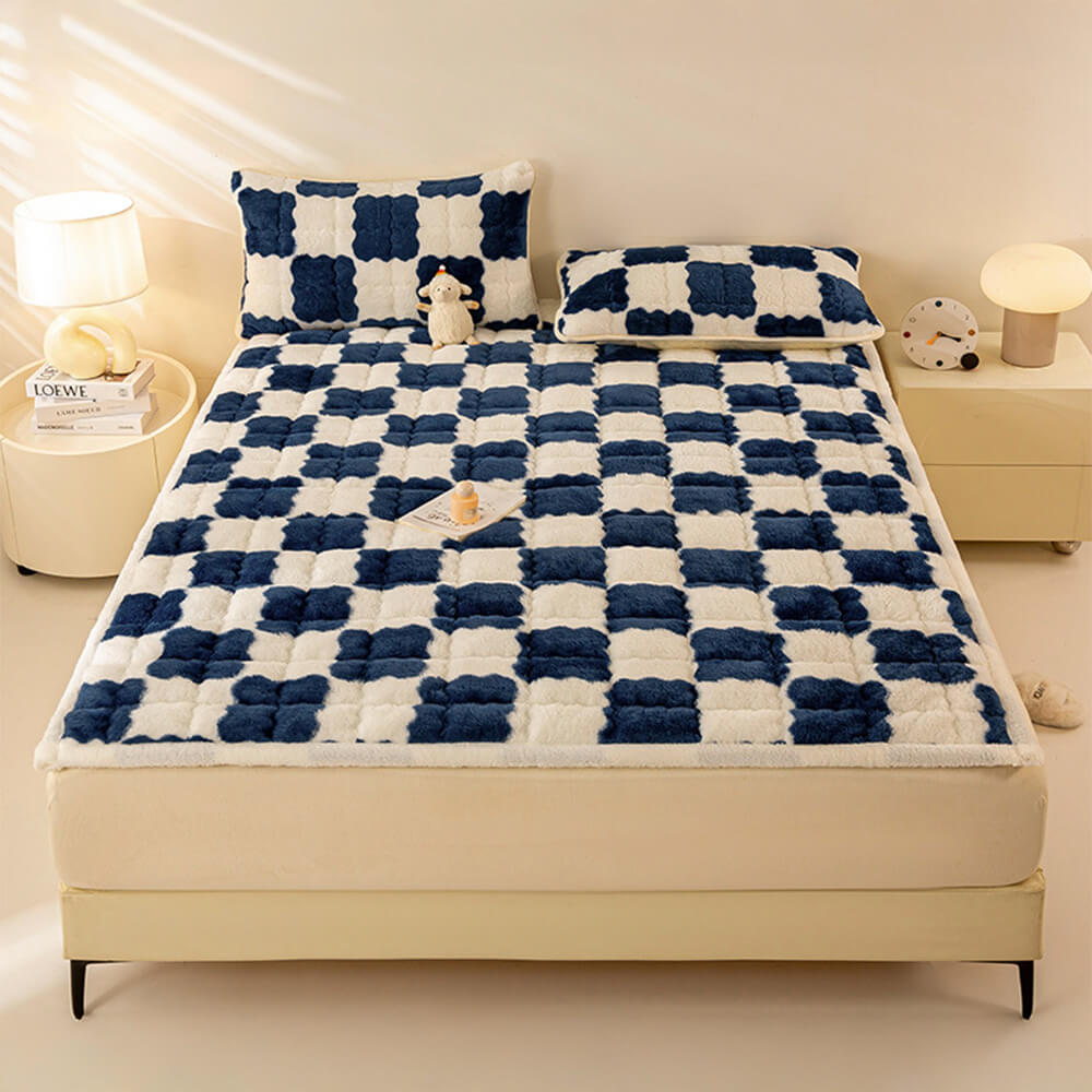 Couverture de matelas en peluche à motifs carreaux et taie d'oreiller