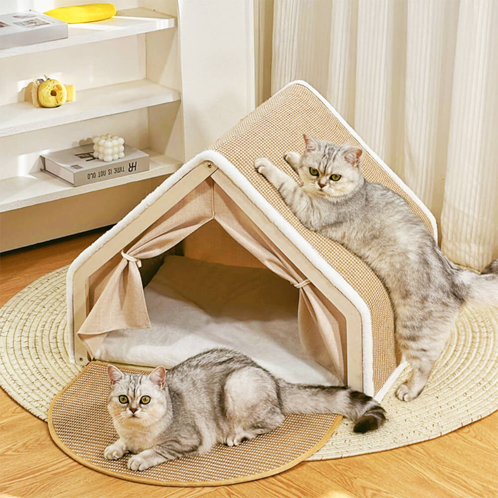 Tente pour chat tout-en-un avec toit griffoir et espace de couchage confortable