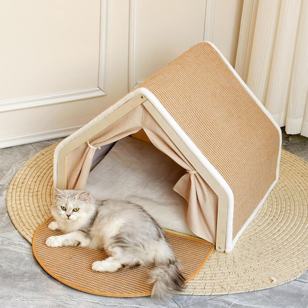 Tente pour chat tout-en-un avec toit griffoir et espace de couchage confortable