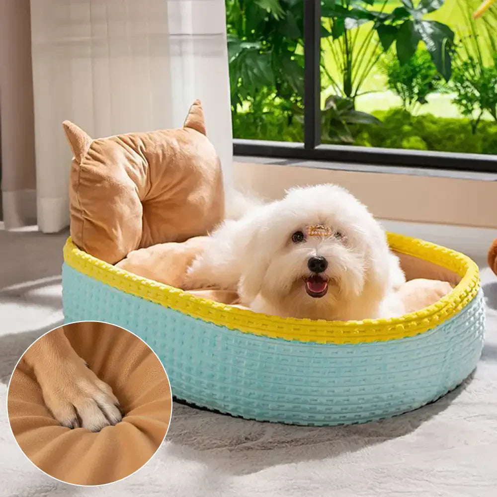 Coussin pour chien avec support de cou, cadre doux et surélevé, lit de relaxation pour un sommeil profond.