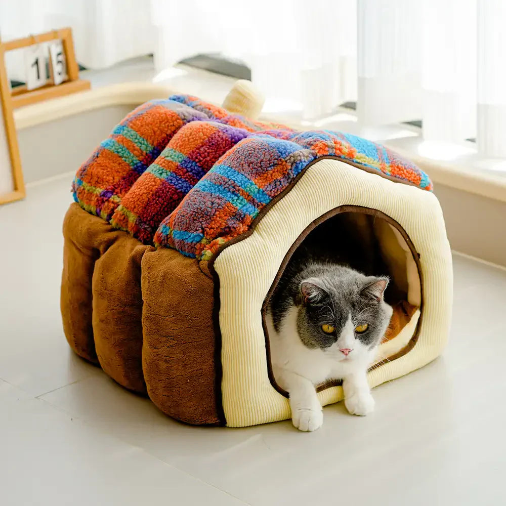 Lit pour chien et chat en forme de cave en plaid rétro chaleureux et douillet - Maison rétro