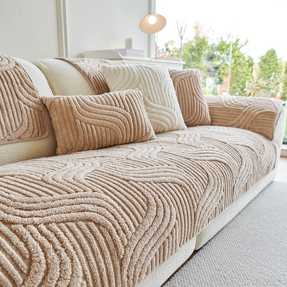 Housse de canapé moderne en peluche douce antidérapante motif géométrique