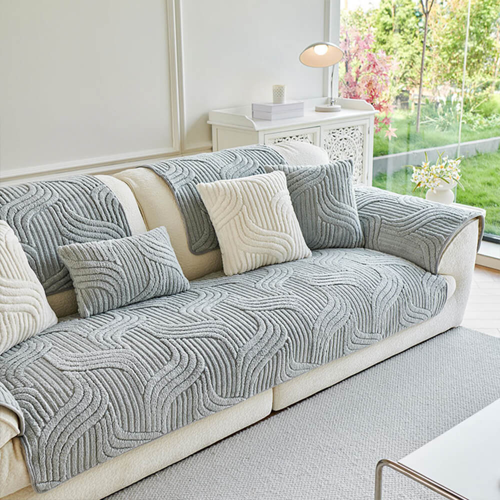 Housse de canapé moderne en peluche douce antidérapante motif géométrique